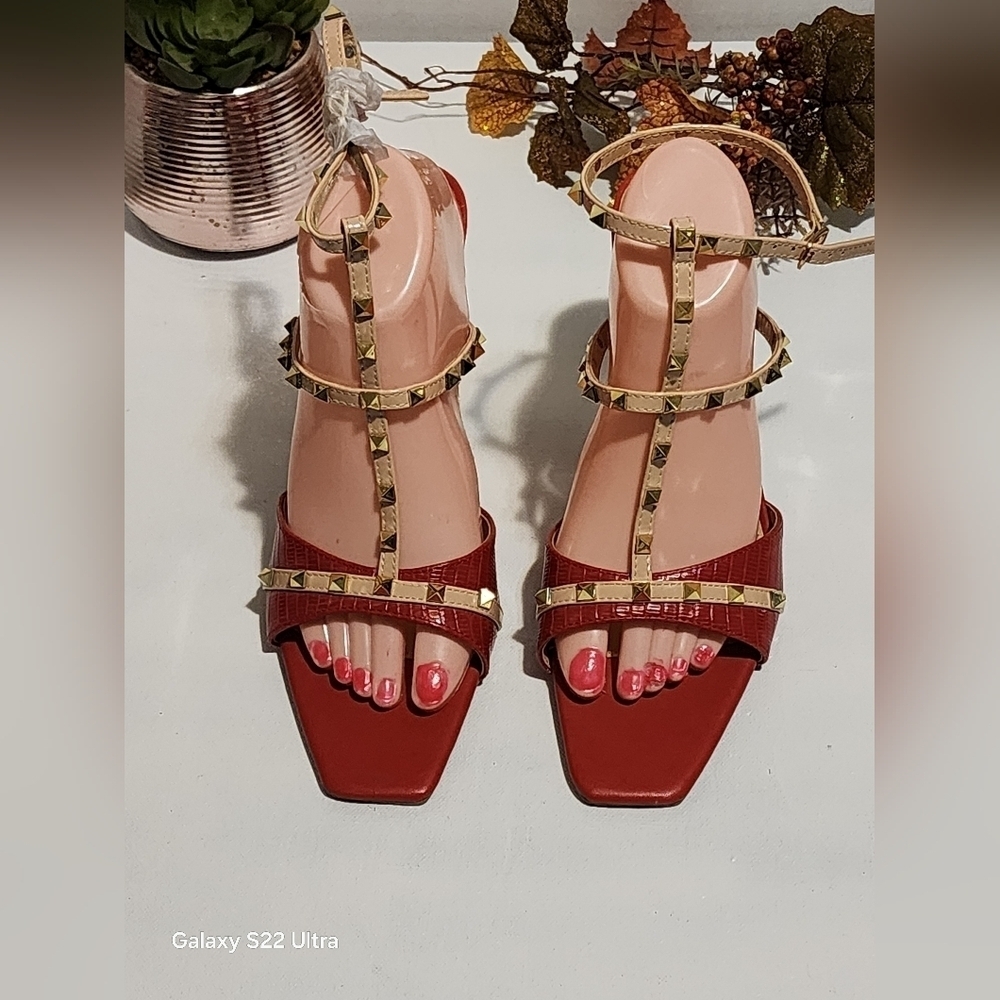 Gold and Red Strappy Sandals with Studded Details
